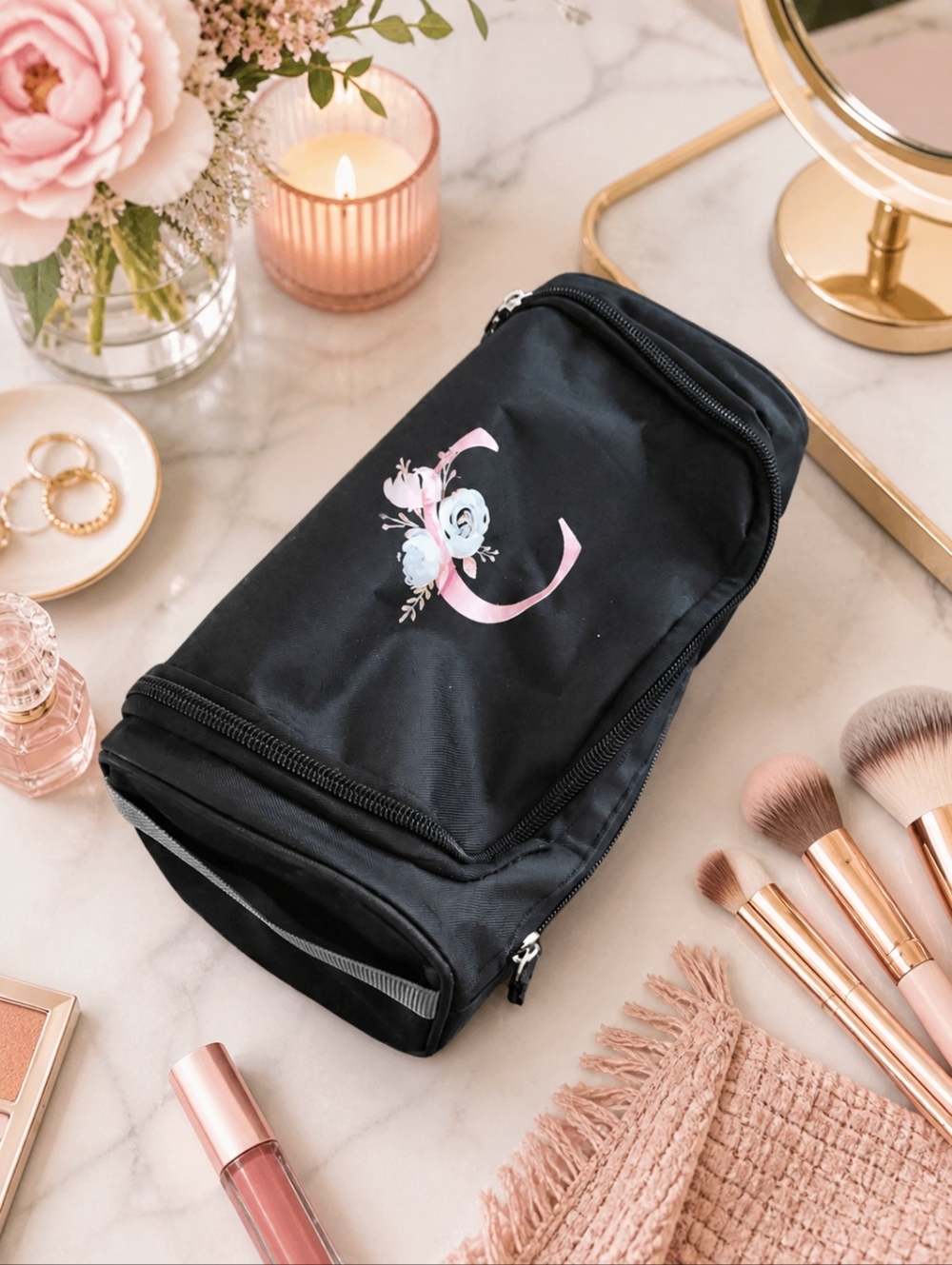 Black Floral Monogram Cosmetic Travel Bag